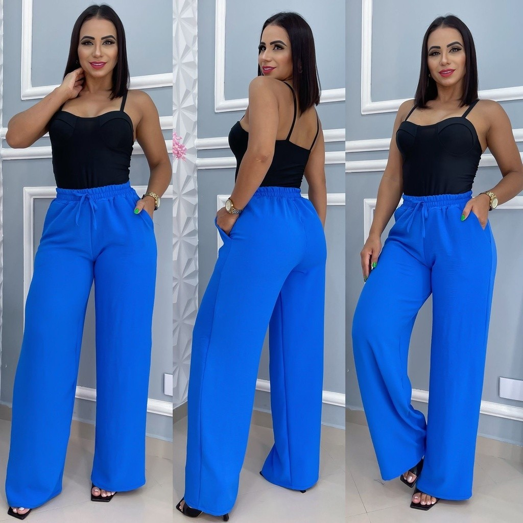 Calça Pantalona Tecido Duna Com Bolso Cintura Alta e Elastex PROMOÇAO