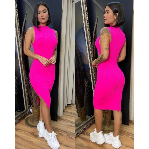 Vestido Feminino Midi Canelado Com Fenda Lateral Moda Primavera Verão Blogueira Tendência