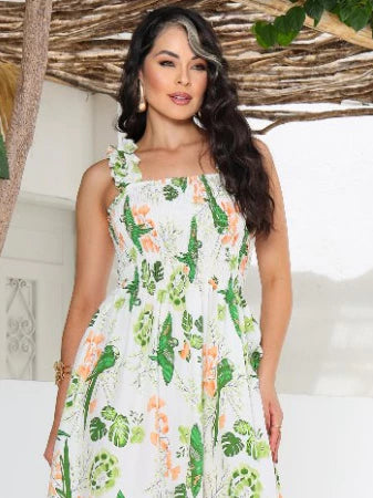 Vestido Longo Feminino Tecido Crepinho Estampa Florido com Alça larga e Lastex