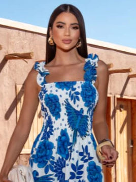 Vestido Longo Feminino Tecido Crepinho Estampa Florido com Alça larga e Lastex