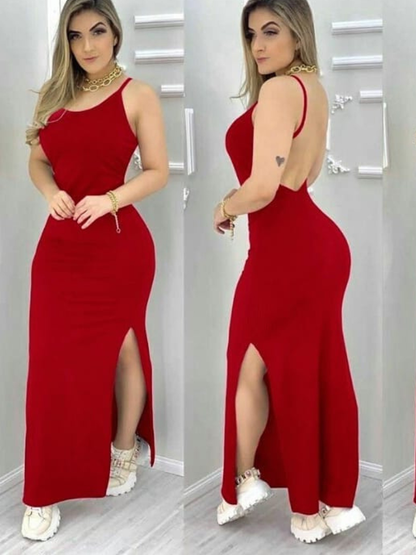 Vestido Feminino Longo de Alça COSTA NUA ,Canelado Lisa Malha,Tubinho Casual Moda Verão