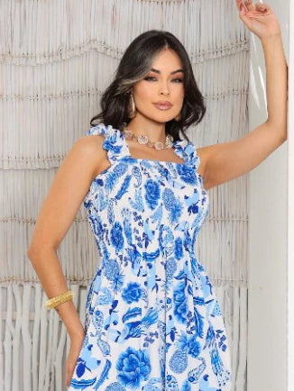 Vestido Longo Feminino Tecido Crepinho Estampa Florido com Alça larga e Lastex