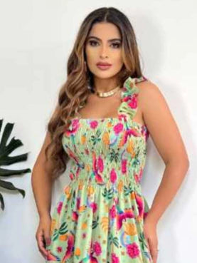 Vestido Longo Feminino Tecido Crepinho Estampa Florido com Alça larga e Lastex