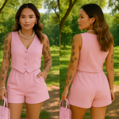 CONJUNTO FEMININO SOCIAL EN ALFAIATARIA PERFEITO PARA TRABALHO OU PASSEIO COLETE E SHORTS