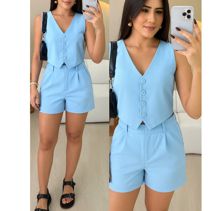CONJUNTO FEMININO SOCIAL EN ALFAIATARIA PERFEITO PARA TRABALHO OU PASSEIO COLETE E SHORTS