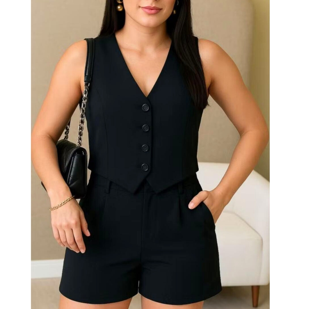 CONJUNTO FEMININO SOCIAL EN ALFAIATARIA PERFEITO PARA TRABALHO OU PASSEIO COLETE E SHORTS