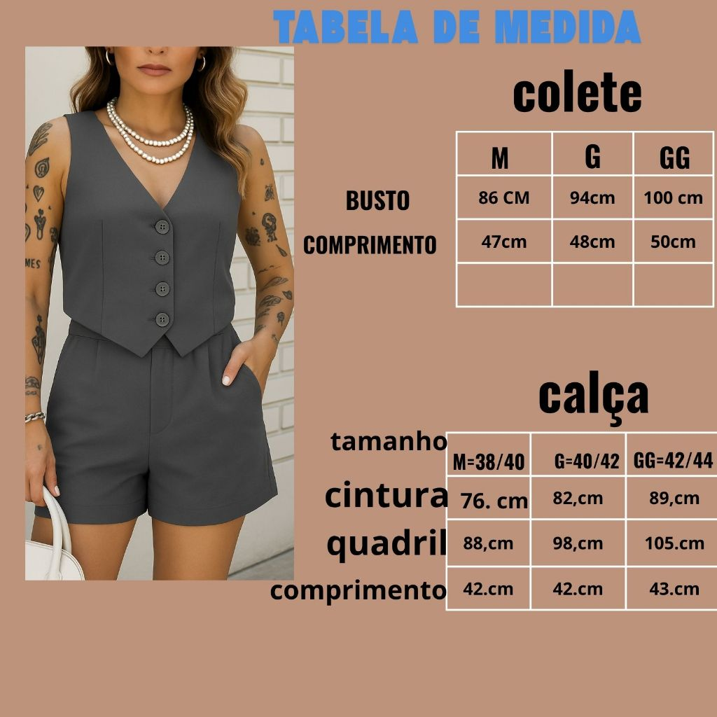 CONJUNTO FEMININO SOCIAL EN ALFAIATARIA PERFEITO PARA TRABALHO OU PASSEIO COLETE E SHORTS