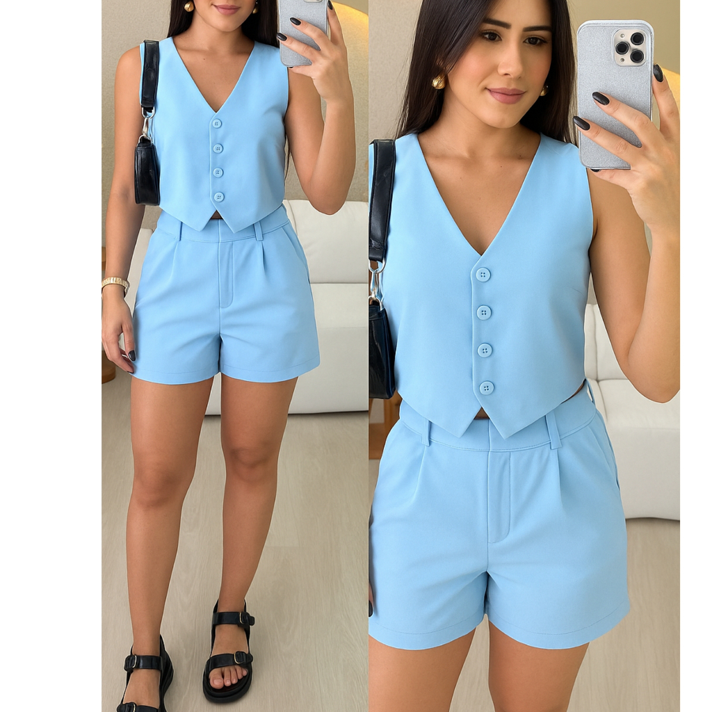CONJUNTO FEMININO SOCIAL EN ALFAIATARIA PERFEITO PARA TRABALHO OU PASSEIO COLETE E SHORTS