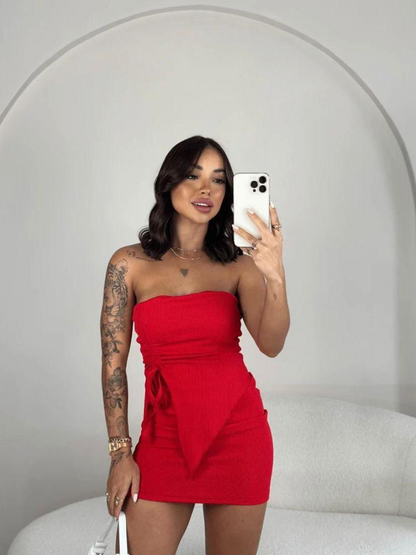 Conjunto Feminino Anarruga Premium Cropped Batinha Tomara que Caia e Saia Curta Franzida na Lateral