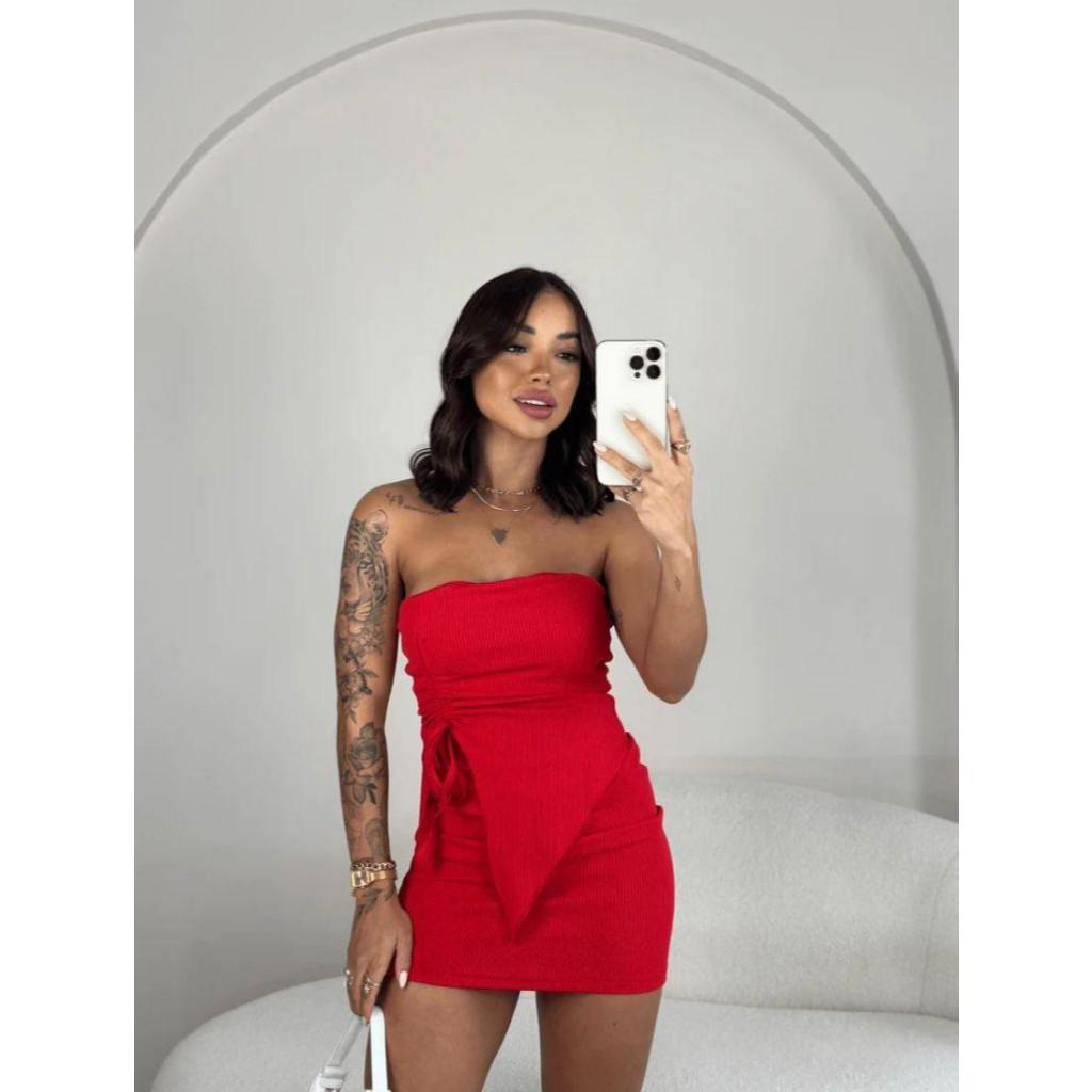 Conjunto Feminino Anarruga Premium Cropped Batinha Tomara que Caia e Saia Curta Franzida na Lateral