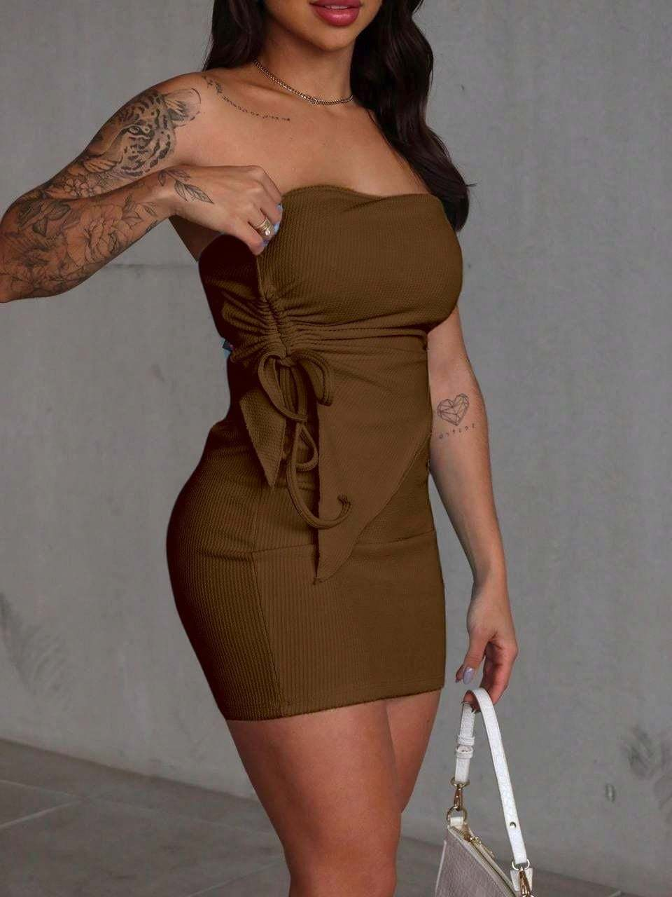 Conjunto Feminino Anarruga Premium Cropped Batinha Tomara que Caia e Saia Curta Franzida na Lateral