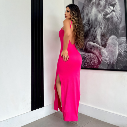 Vestido Feminino Longo de Alça COSTA NUA ,Canelado Lisa Malha,Tubinho Casual Moda Verão