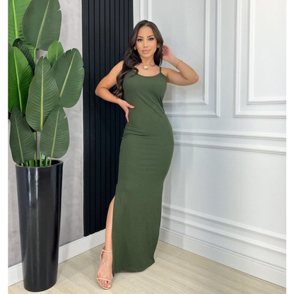 Vestido Feminino Longo de Alça COSTA NUA ,Canelado Lisa Malha,Tubinho Casual Moda Verão