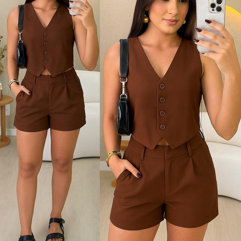 CONJUNTO FEMININO SOCIAL EN ALFAIATARIA PERFEITO PARA TRABALHO OU PASSEIO COLETE E SHORTS