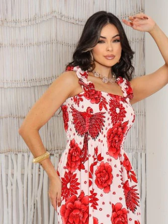 Vestido Longo Feminino Tecido Crepinho Estampa Florido com Alça larga e Lastex