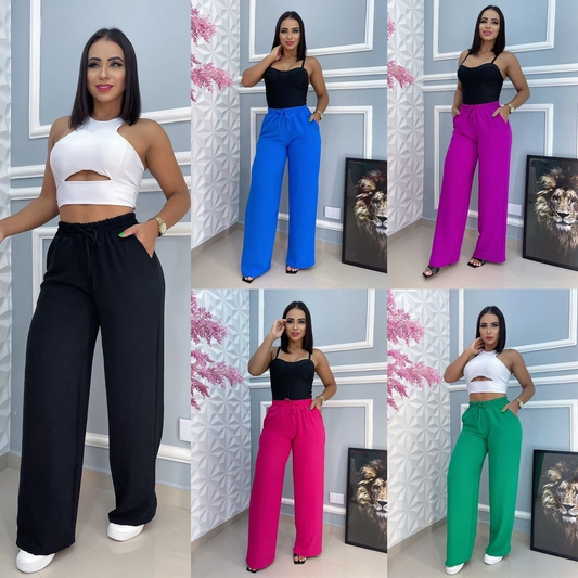 Calça Pantalona Tecido Duna Com Bolso Cintura Alta e Elastex PROMOÇAO