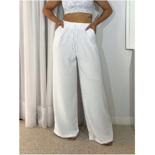 Calça Pantalona Tecido Duna Com Bolso Cintura Alta e Elastex PROMOÇAO