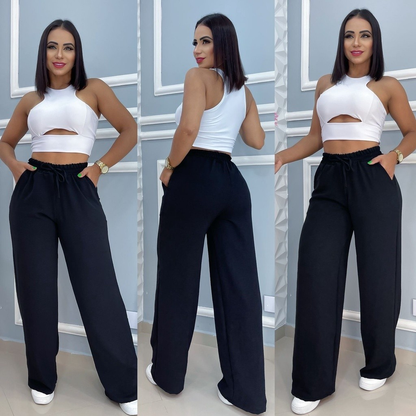 Calça Pantalona Tecido Duna Com Bolso Cintura Alta e Elastex PROMOÇAO
