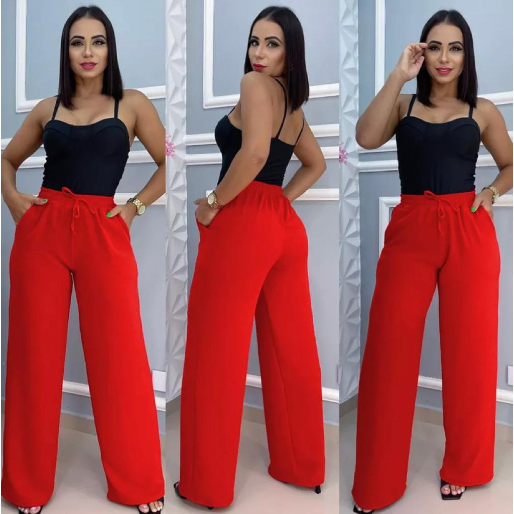 Calça Pantalona Tecido Duna Com Bolso Cintura Alta e Elastex PROMOÇAO