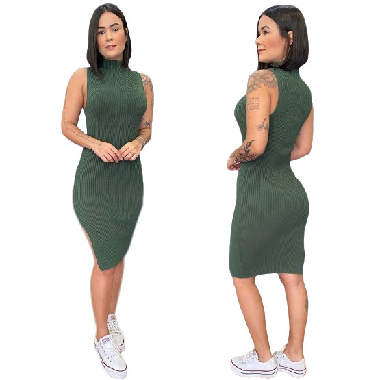 Vestido Feminino Midi Canelado Com Fenda Lateral Moda Primavera Verão Blogueira Tendência