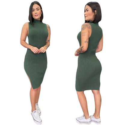 Vestido Feminino Midi Canelado Com Fenda Lateral Moda Primavera Verão Blogueira Tendência