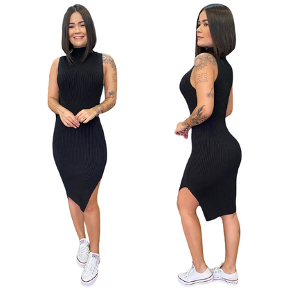 Vestido Feminino Midi Canelado Com Fenda Lateral Moda Primavera Verão Blogueira Tendência
