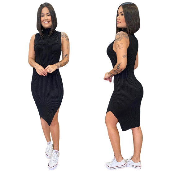 Vestido Feminino Midi Canelado Com Fenda Lateral Moda Primavera Verão Blogueira Tendência