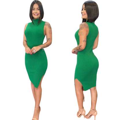 Vestido Feminino Midi Canelado Com Fenda Lateral Moda Primavera Verão Blogueira Tendência