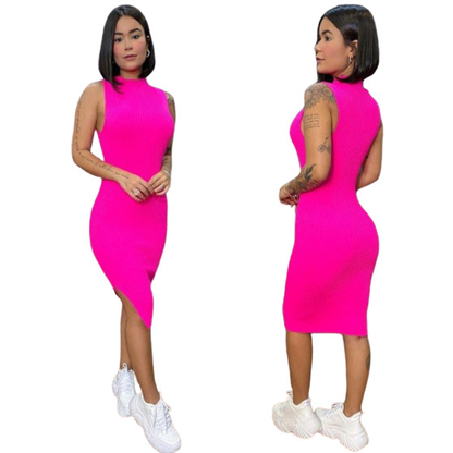 Vestido Feminino Midi Canelado Com Fenda Lateral Moda Primavera Verão Blogueira Tendência